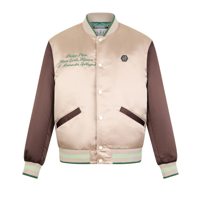 PHILIPP PLEIN Shiny Satin College Bomber Signature Monte Carlo