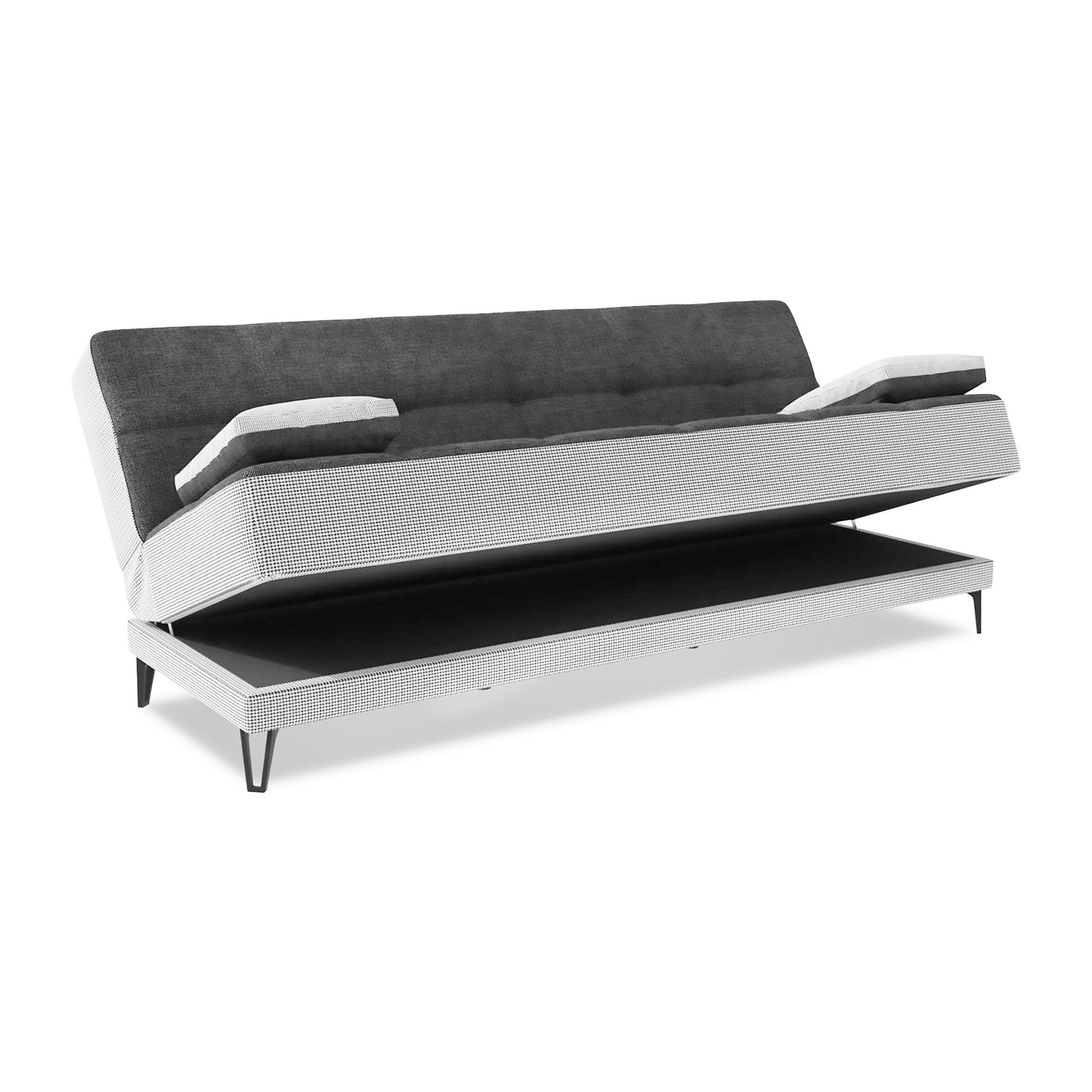 Divano letto Jordi, Divano letto a 3 posti con piedini in metallo nero , Sofà da soggiorno in tessuto imbottito con apertura click-clack, 190x87h97 cm, Grigio