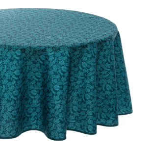 Nappe anti-tache "Meili" feuilles bleu canard D180cm