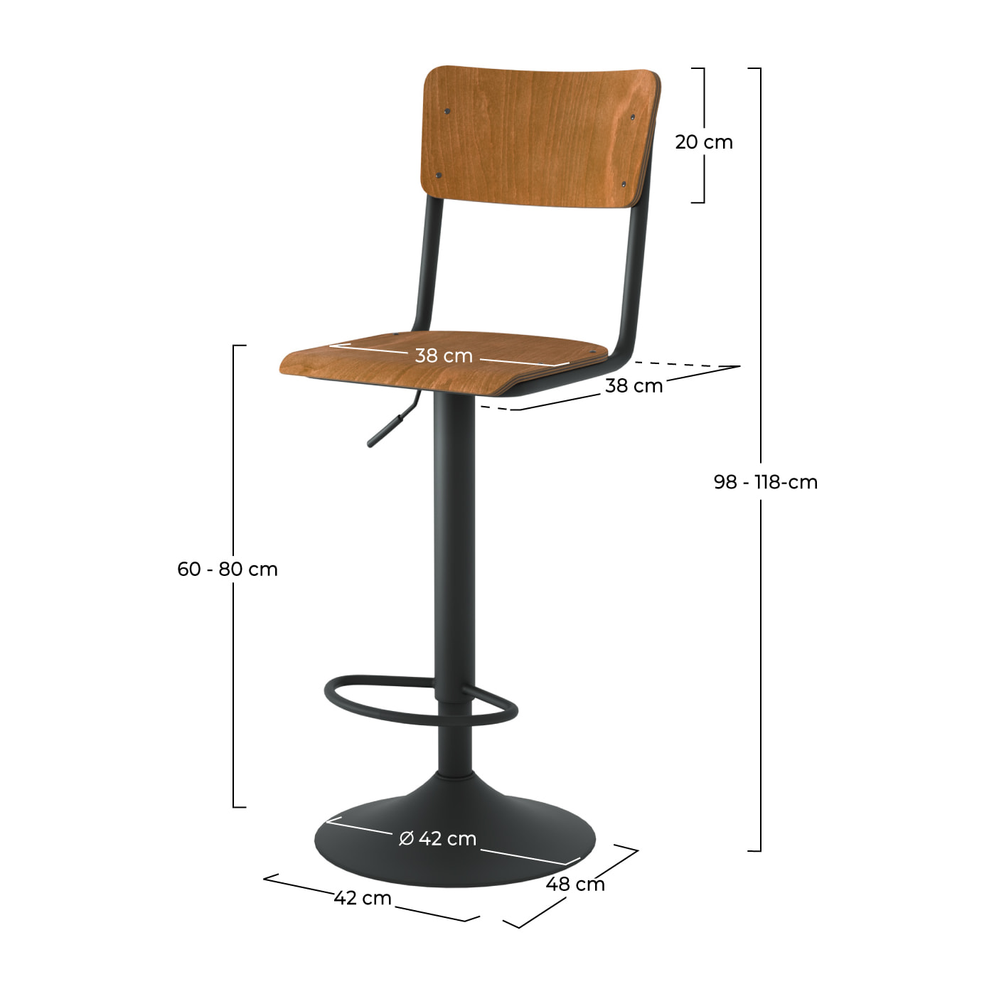 Lot de 2 chaises de bar réglables 60/80 cm en bois foncé - Clem