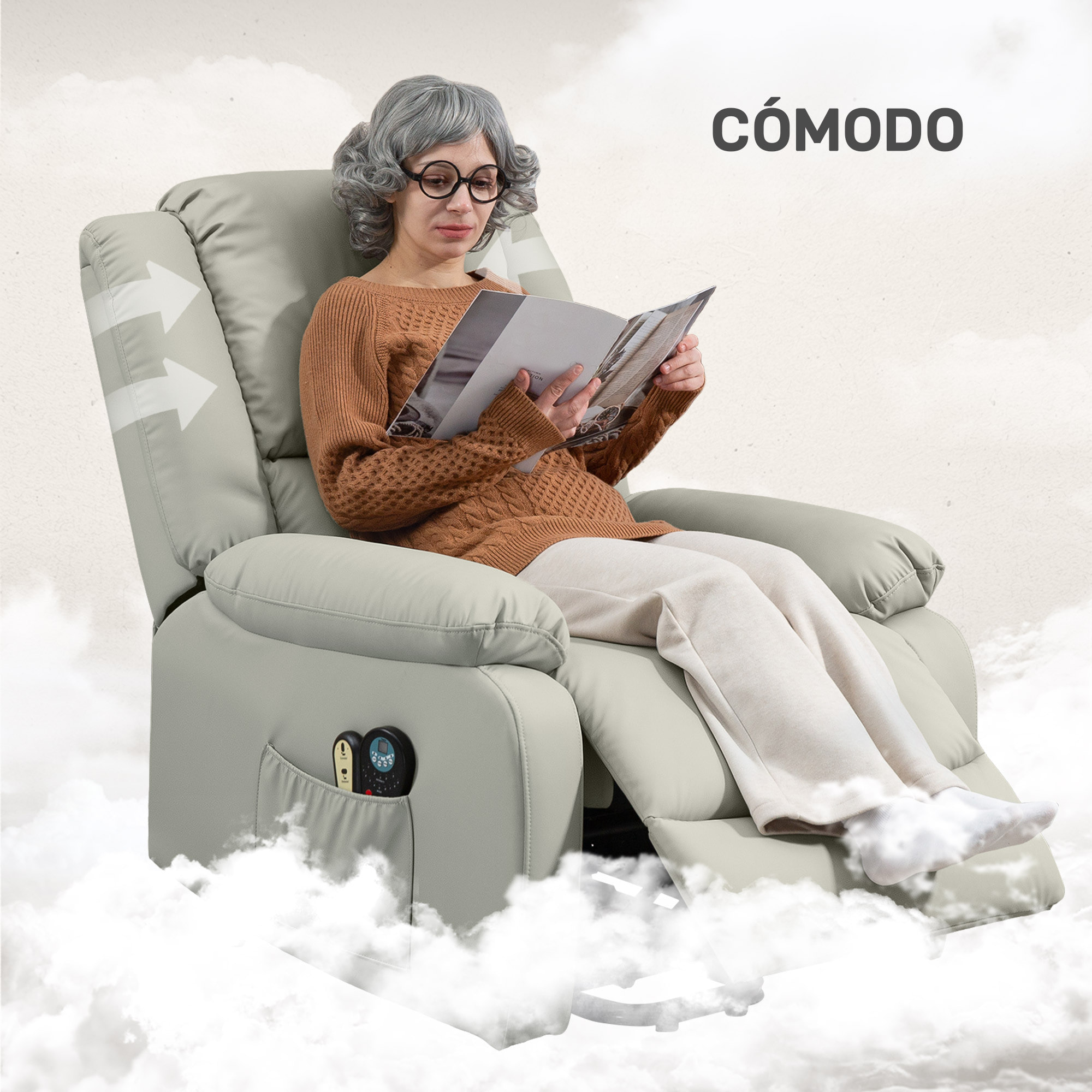 Sillón Relax Reclinable Eléctrico Levanta Personas Sillón Elevador con 8 Punto de Masaje Calor Lumbar 2 Controles Remotos Reposapiés Tela Resistente a los Arañazos y Bolsillo Lateral Gris Claro