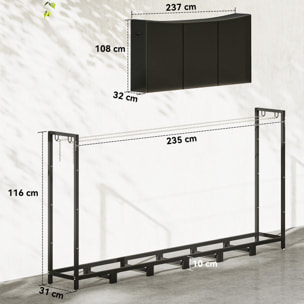 Estante de Leña Metálico, 235x31x116 cm, Leñero Exterior con Cubierta Impermeable 600D Oxford, Marco de Acero y Cadenas de Acero, Soporte para Leña de Chimenea, Almacenaje para Madera, Negro