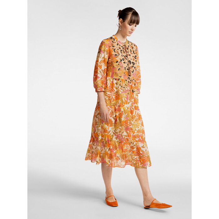 Elena Mirò - Vestido estampado con volantes - Naranja sol