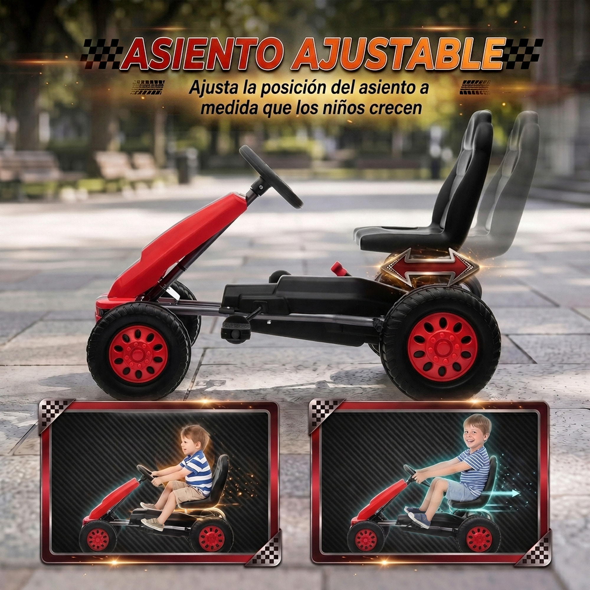 AIYAPLAY Kart Pedales para Niños de +3 Años, Go Kart con Asiento Ajustable, Volante, Freno Manual, Marco de Aluminio y Acero, Carga 30 kg, Rojo