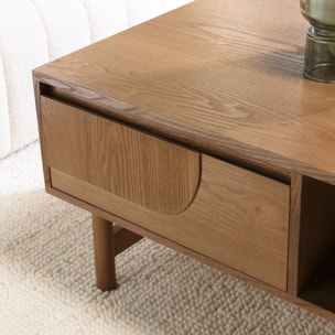 MARIO - Table basse couleur naturelle 2 tiroirs motif arrondi 2 niches
