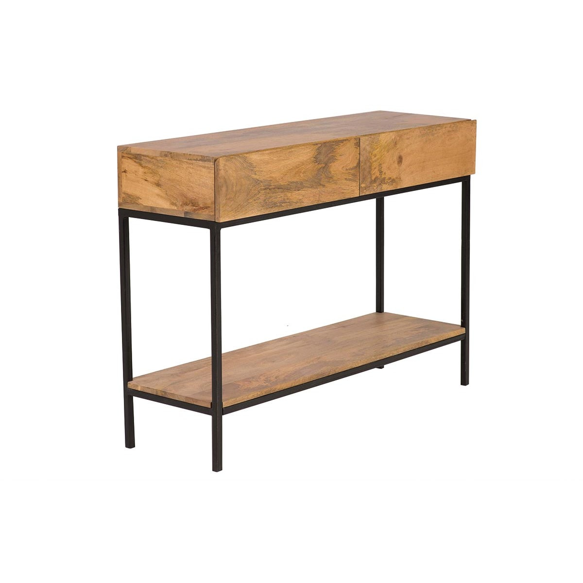 Console industrielle avec rangements 2 tiroirs en bois manguier massif et métal noir L110 cm YPSTER