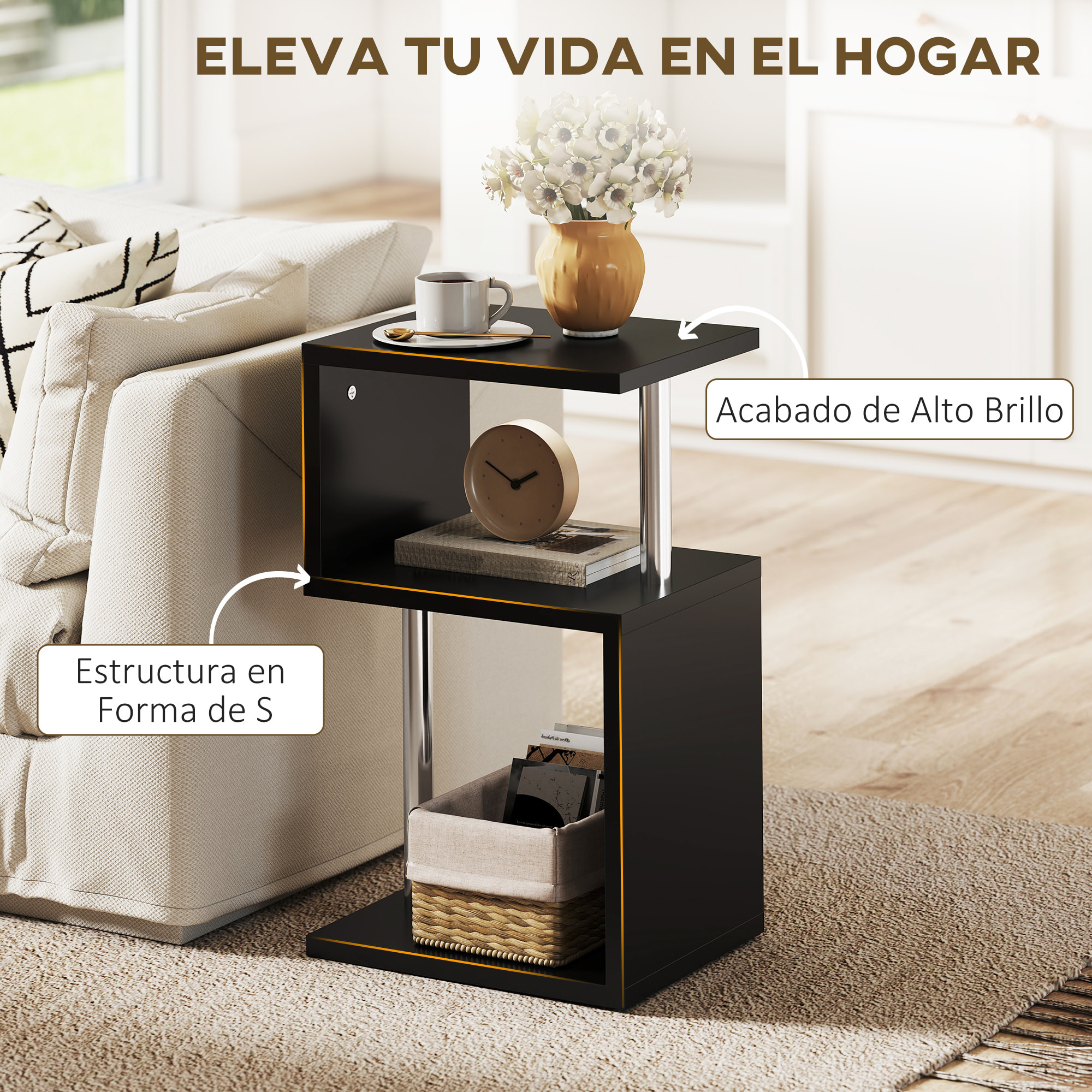 Mesa Auxiliar con Luz LED de 3 Niveles Mesita Auxiliar Moderno con Forma de S Estantes Abiertos y Estructura de Aluminio para Salón Dormitorio 44x38x75 cm Negro Brillo