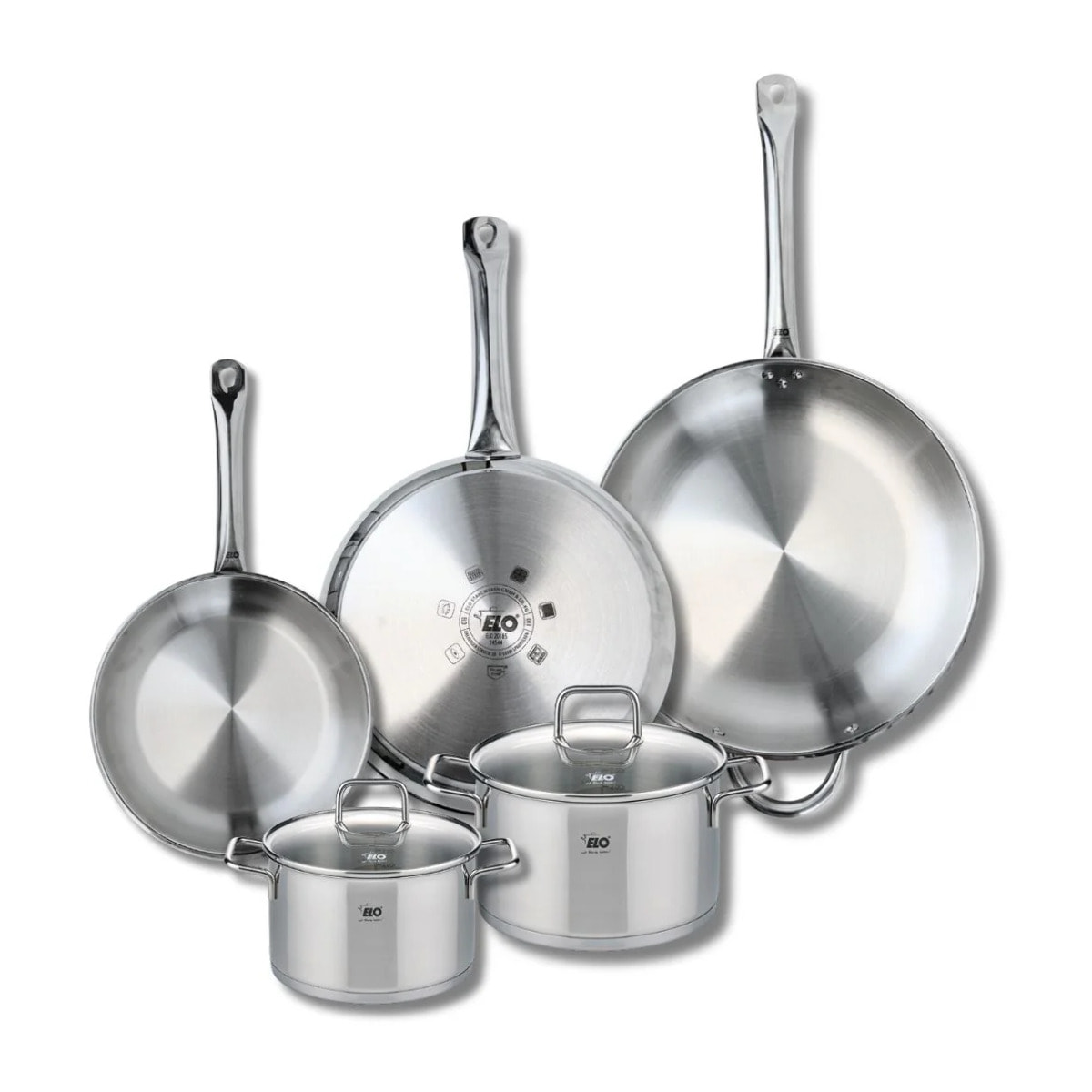 Ensemble de 3 Poêles de cuisson 24, 28 et 32 cm et 2 faitouts 16 et 20 cm Elo Profi Citrin