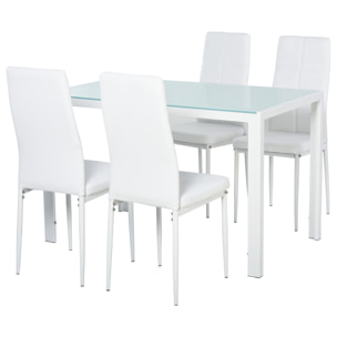 Conjunto de Comedor Mesa y 4 Sillas 5 Piezas Juego de Mueble de Cocina Mesa Rectangular de Vidrio Templado y Sillas Tapizadas en PU con Patas de Metal Blanco