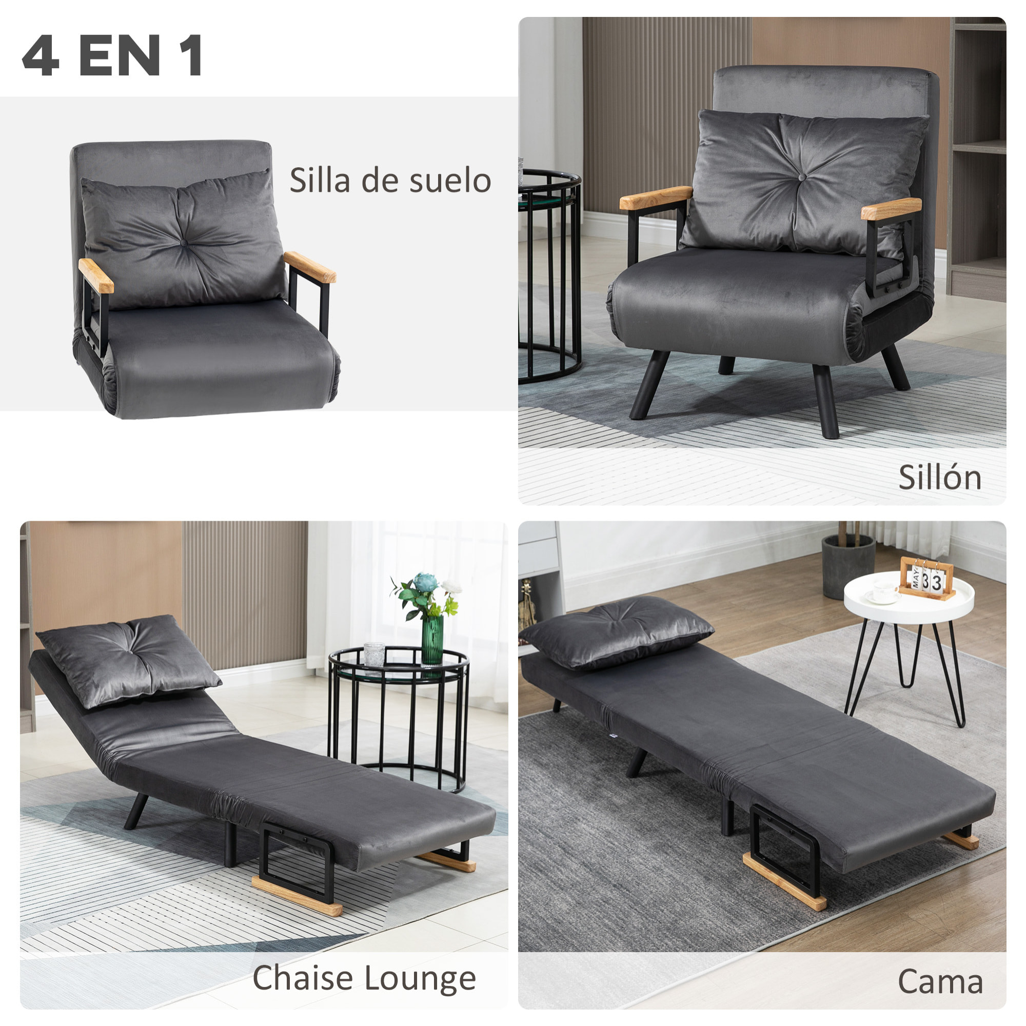 Sofá Cama Individual Plegable Silla Cama Convertible 3 en 1 con Respaldo Ajustable de 5 Niveles y Almohada Acolchada para Oficina Dormitorio Salón Carga 120 kg 63x73x81 cm Gris