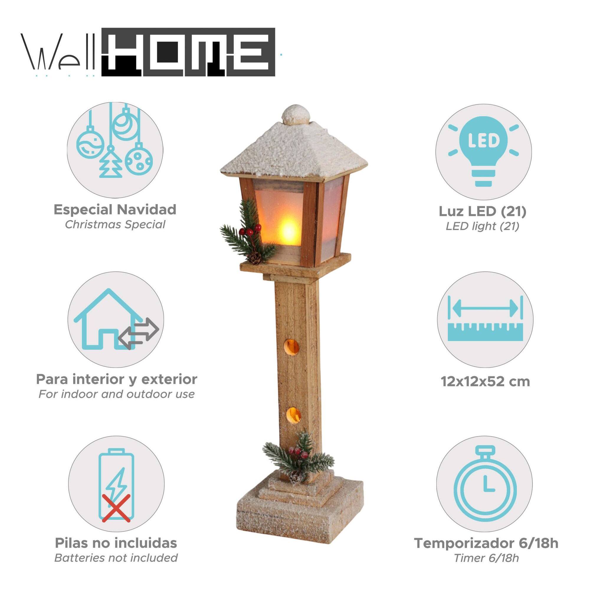 decoración navideña farola de madera con 21 luces led cálidas con temporizador 12x12x52cm
