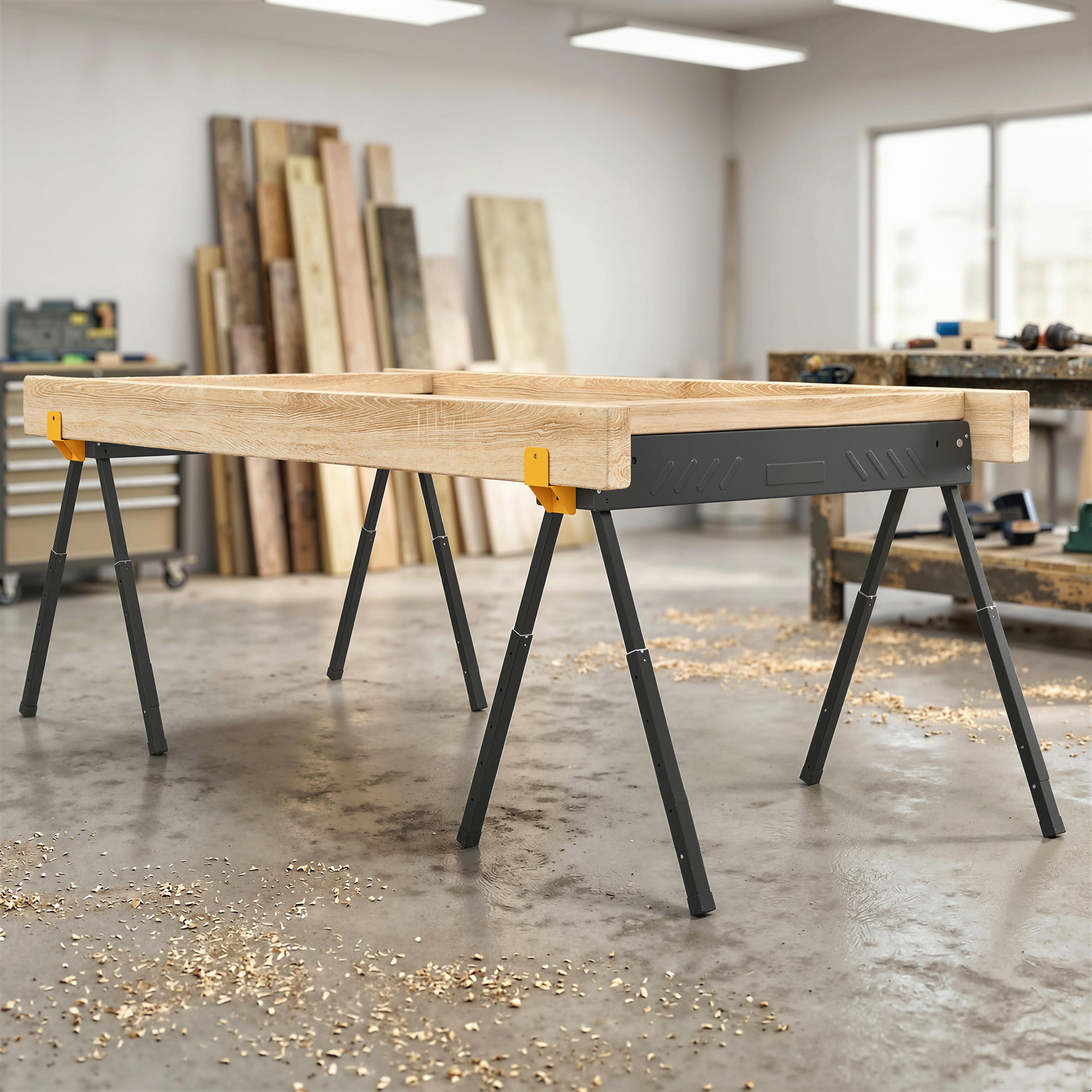 Set de 2 Caballetes para Sierra Plegables, Banco de Trabajo, Altura Ajustable, para Madera 2x4, con Asa, Ganchos, Base Antideslizante, para Carpintería y Bricolaje, Soporta hasta 500 kg, Negro