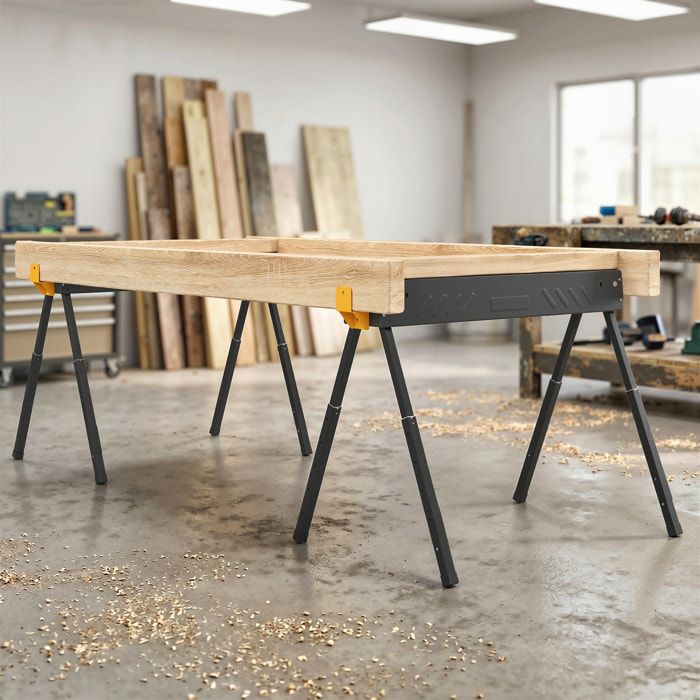 Set de 2 Caballetes para Sierra Plegables, Banco de Trabajo, Altura Ajustable, para Madera 2x4, con Asa, Ganchos, Base Antideslizante, para Carpintería y Bricolaje, Soporta hasta 500 kg, Negro