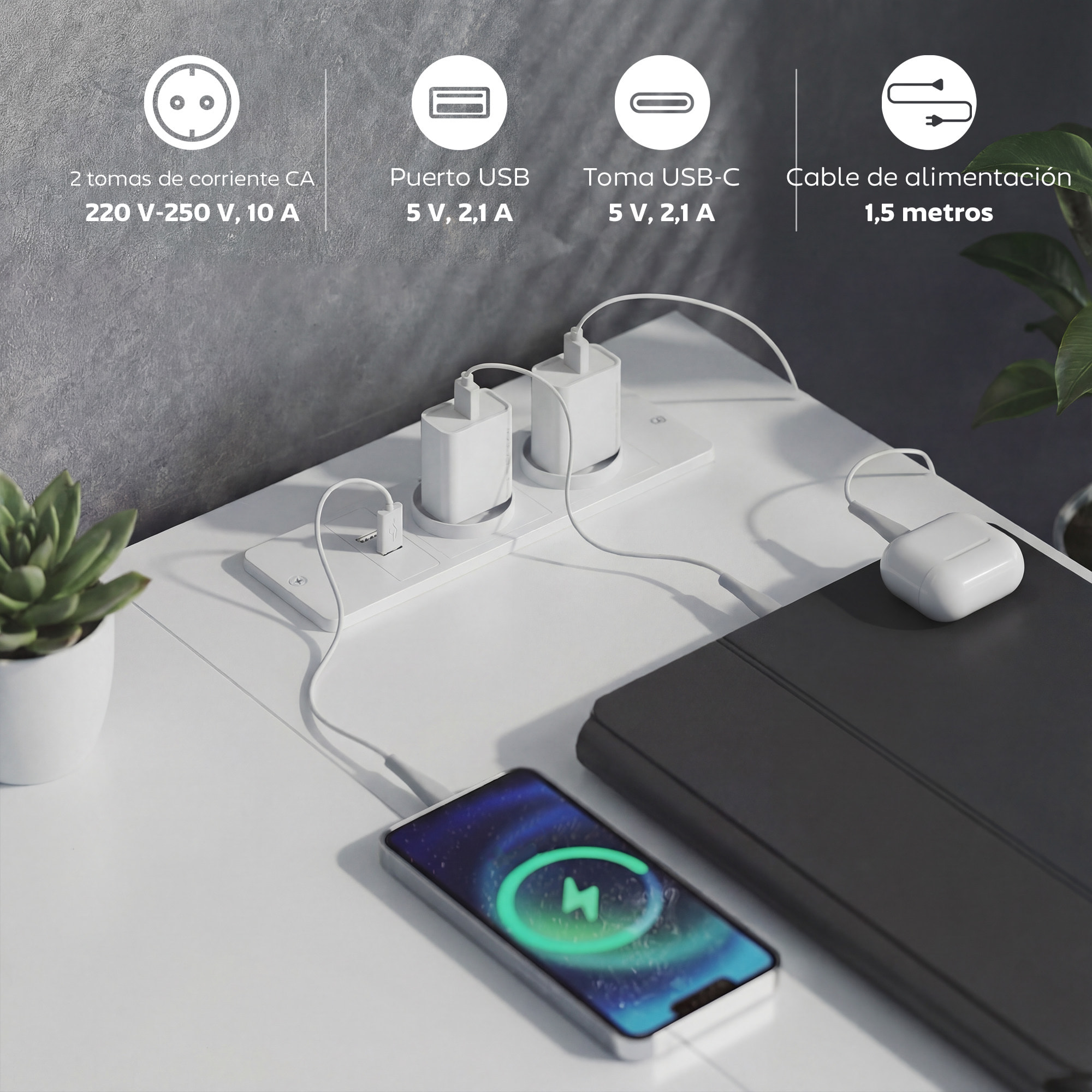 Escritorio Esquinero Reversible con 6 Cajones de Tela, 126x48 cm, Escritorio en L con Toma de Corriente, Puerto de Carga USB y USB-C, Mesa en L para Oficina en Casa, Estudio, Blanco