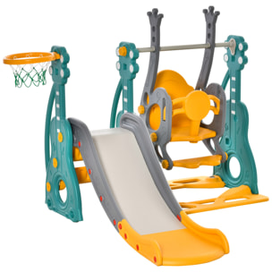 Toboggan et balançoire pour enfants 4 en 1 avec panier de basket, siège réglable, 152x149x107cm, bleu et jaune