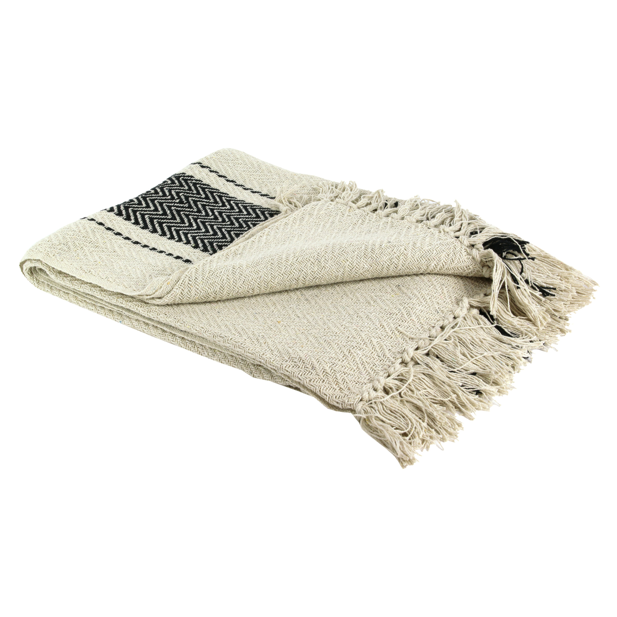 Plaid - HOME DECO FACTORY - Berbère - À franges - Rayures - Beige et noir