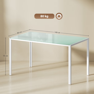 Mesa de Comedor de Cristal, Mesa Rectangular para 6 Personas con Patas de Metal, para Cocina, Salón, 140x80x75 cm, Blanco