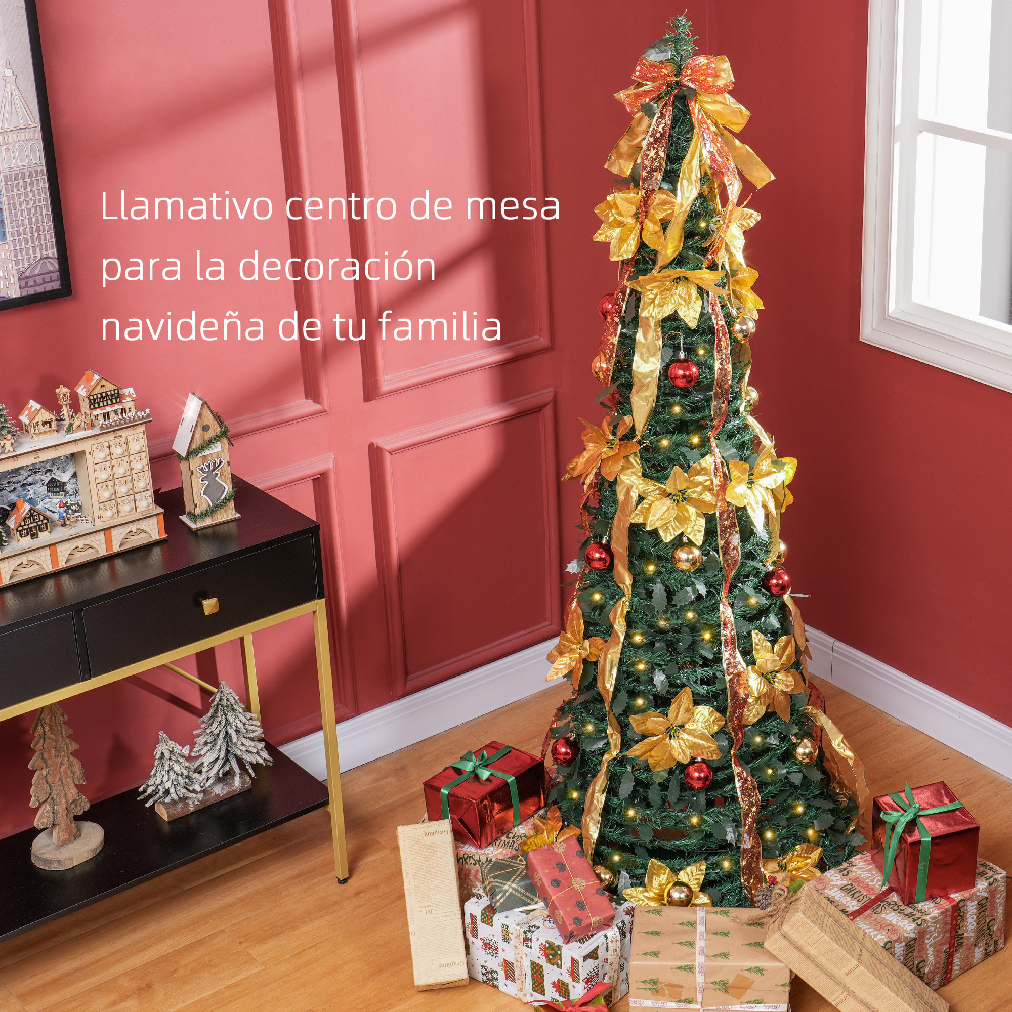 Árbol de Navidad 180 cm Árbol de Navidad Artificial Plegable con Luces LED y Adornos Pre-instalados Árbol Navideño para Interior Verde