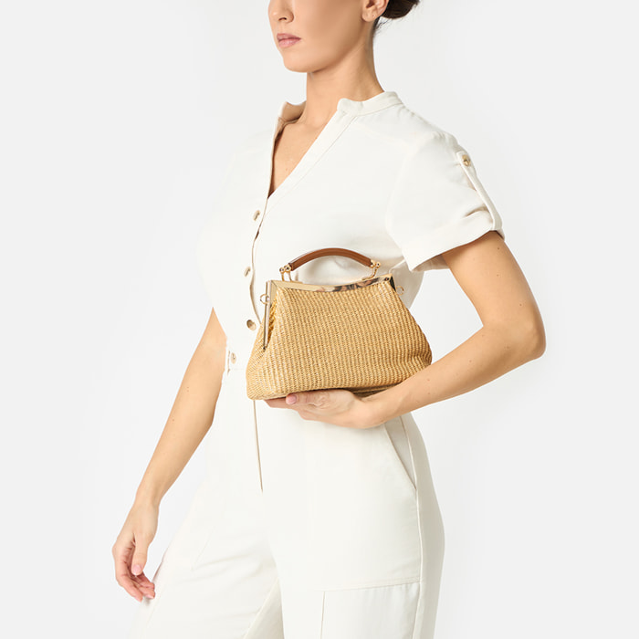 Mini bag donna beige in raffia a trapezio