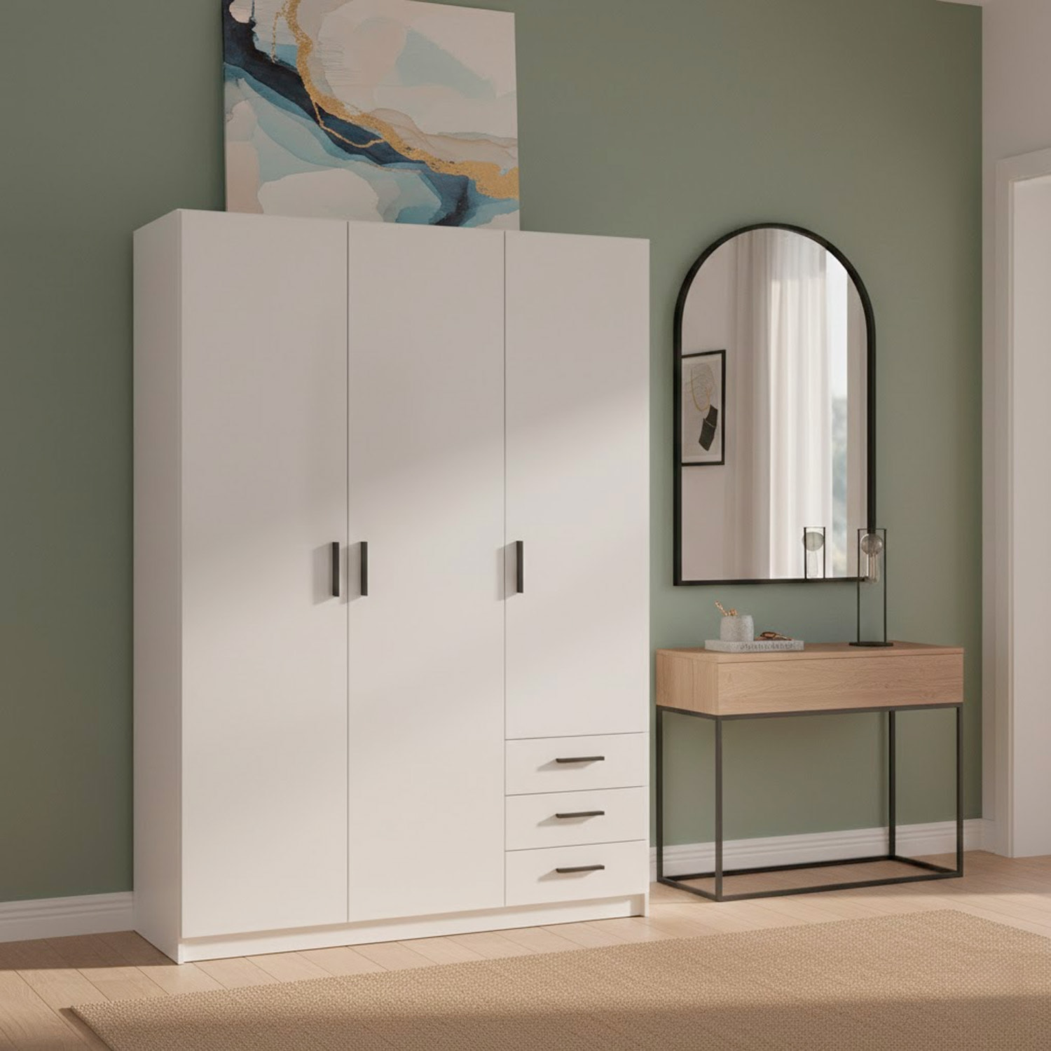 Armadio Con 3 Ante R 3 Cassetti Barra Appendiabiti E 4 Ripiani Di Cui 2 Regolabili Design Moderno Capiente Camera Letto  147 x 49.8 x 200.4 Cm Bianco