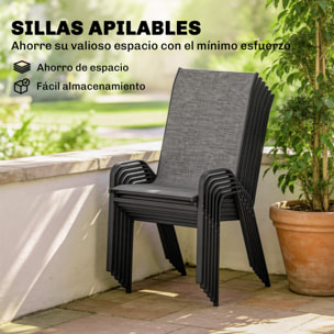 Conjunto de Mesa y Sillas Jardín de 7 Piezas, Muebles Jardín Exterior con Mesa Metálica Efecto Madera con Agujero, 6 Sillas Apilables Transpirables, Marco de Acero Resistente, Gris Mixto