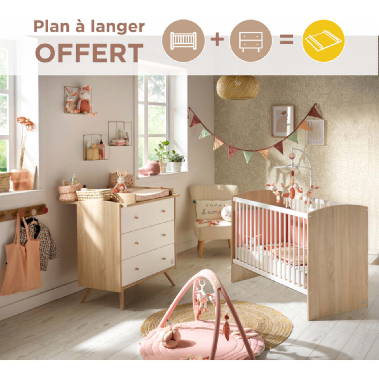 Chambre bébé complète Access, Lit 120x60 et Commode à langer - Chêne doré