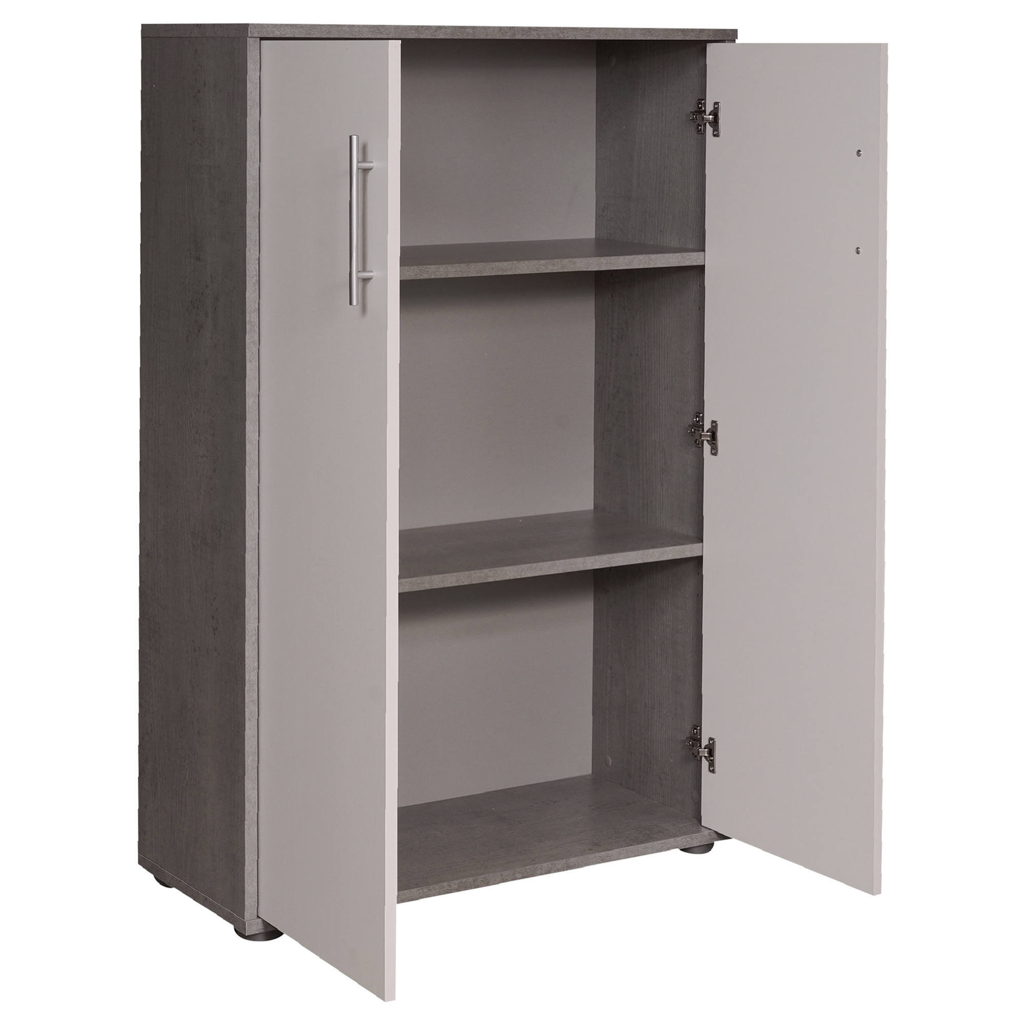 Libreria a 2 ante e 2 ripiani, Scaffale per libri e documenti, Credenza portaoggetti da ufficio, cm 79x34h188, colore Bianco e Cemento