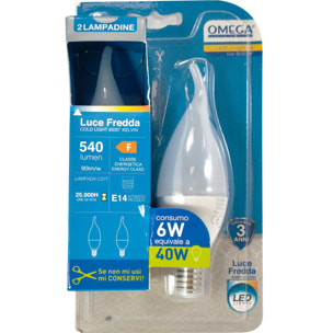 OMEGA Set 6 pezzi soffio di vento led c37t 6w 540lm 6500k e14