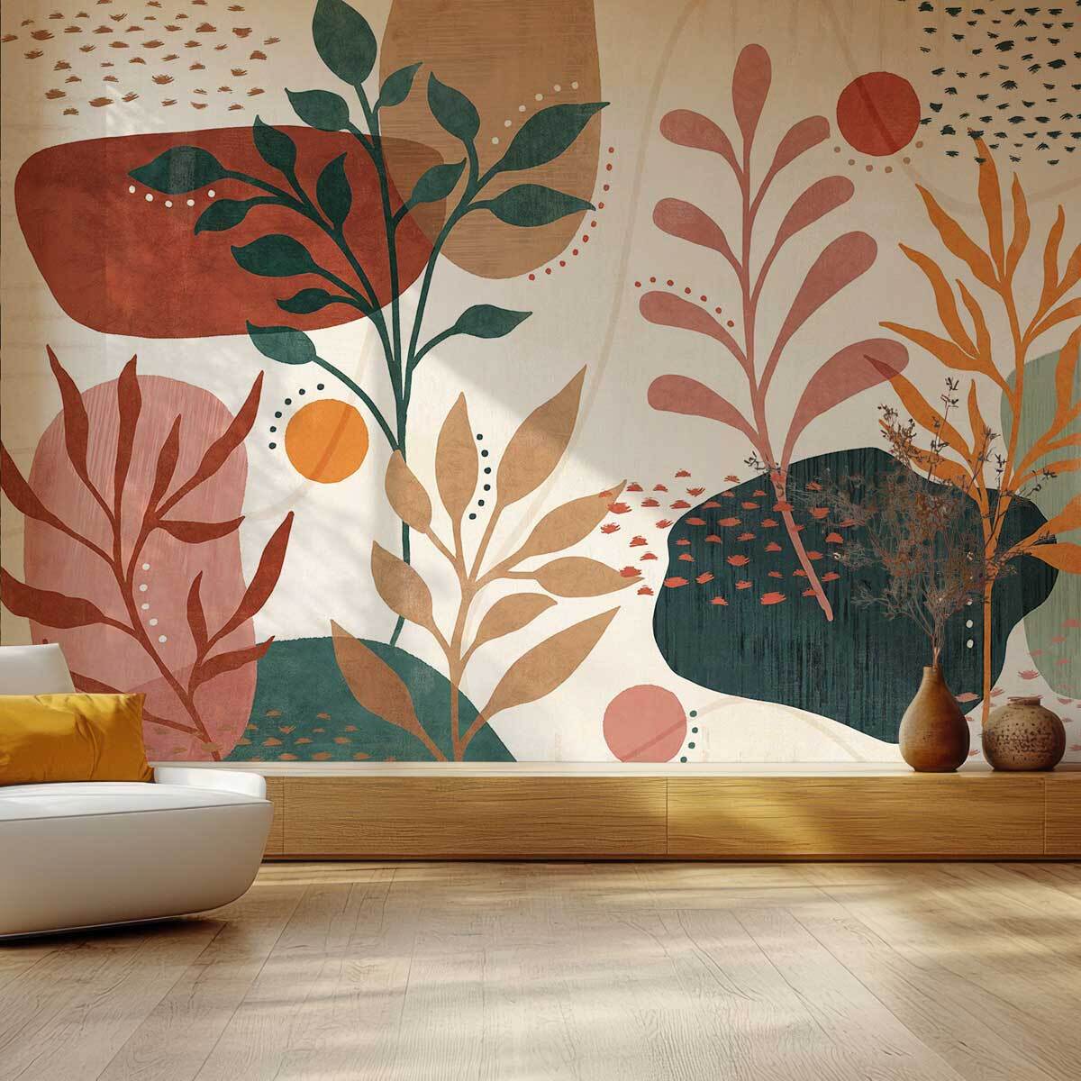 Papier peint végétal bohème terracotta et vert graphique Intissé