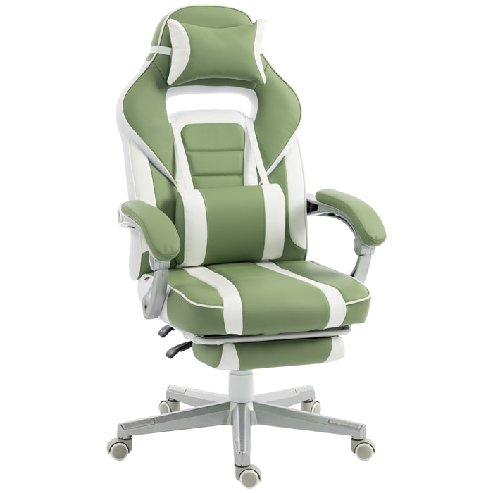 Silla Gaming, Silla Gamer Reclinable, con Altura Ajustable, Reposapiés Retráctil, Soporte Lumbar y Reposacabezas Desmontable, para Oficina, Estudio, Verde