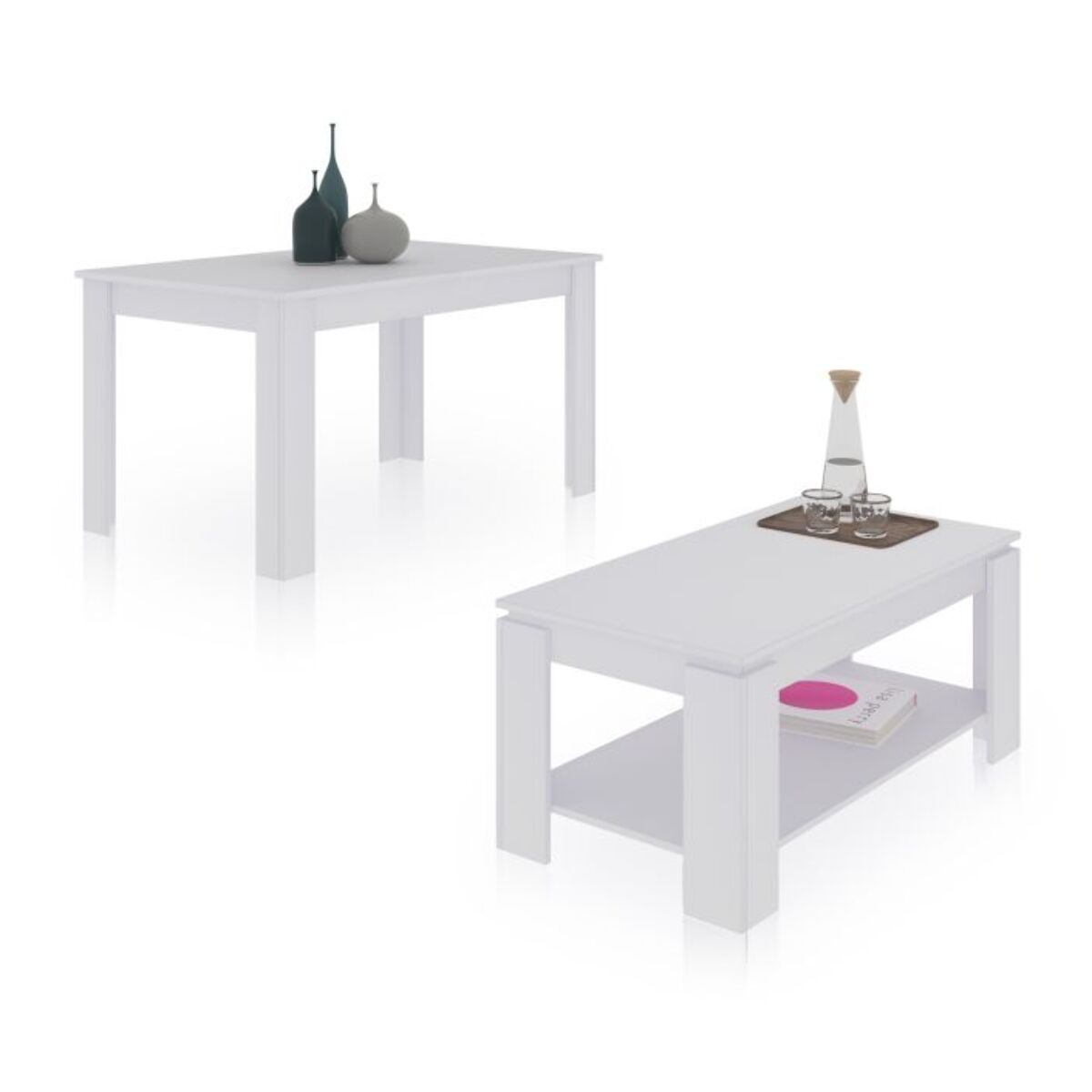 Pack mesa de comedor 140 y mesa de centro Lya Blanco Artik (Blanco Mate)