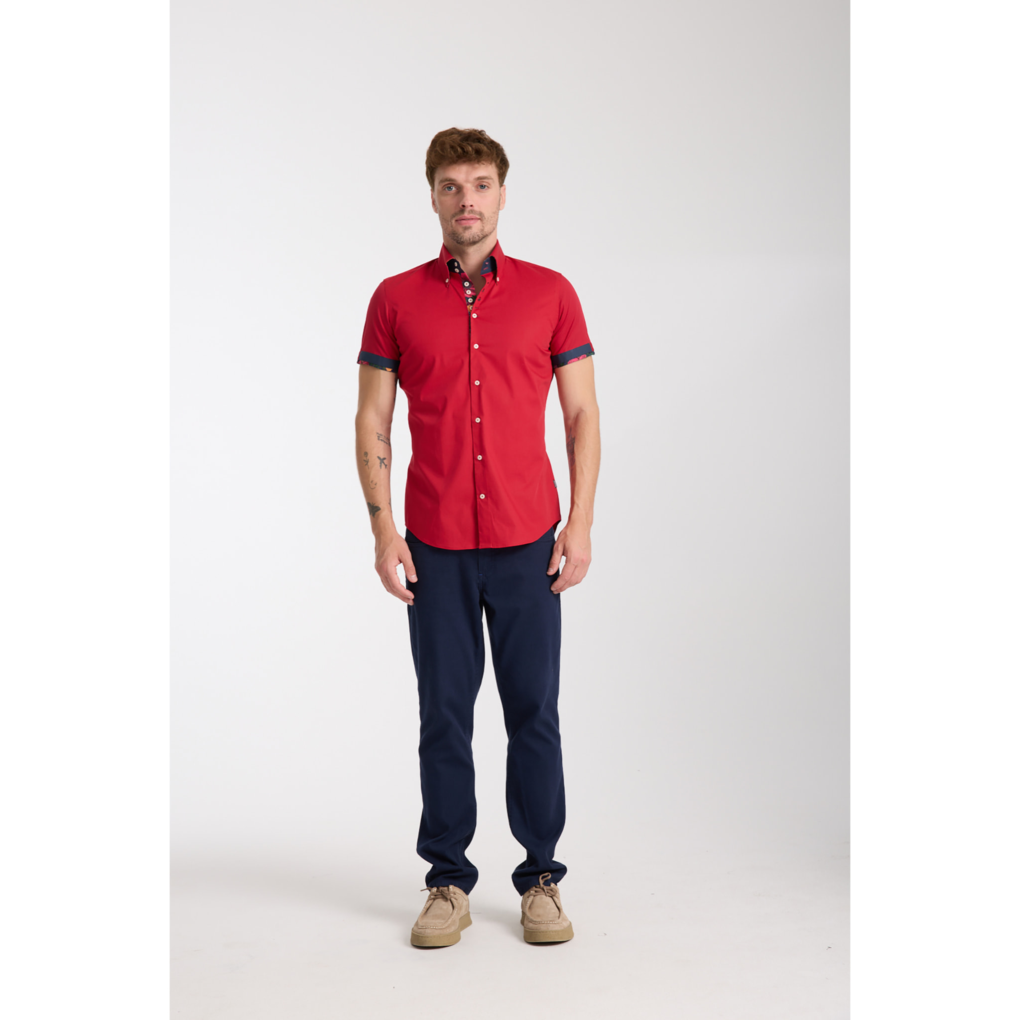 Camicia Uomo Manica Corta 2 Bottoni Button Down 7 Botto Popeline Stretch Unito Rosso