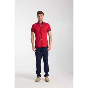 Camicia Uomo Manica Corta 2 Bottoni Button Down 7 Botto Popeline Stretch Unito Rosso