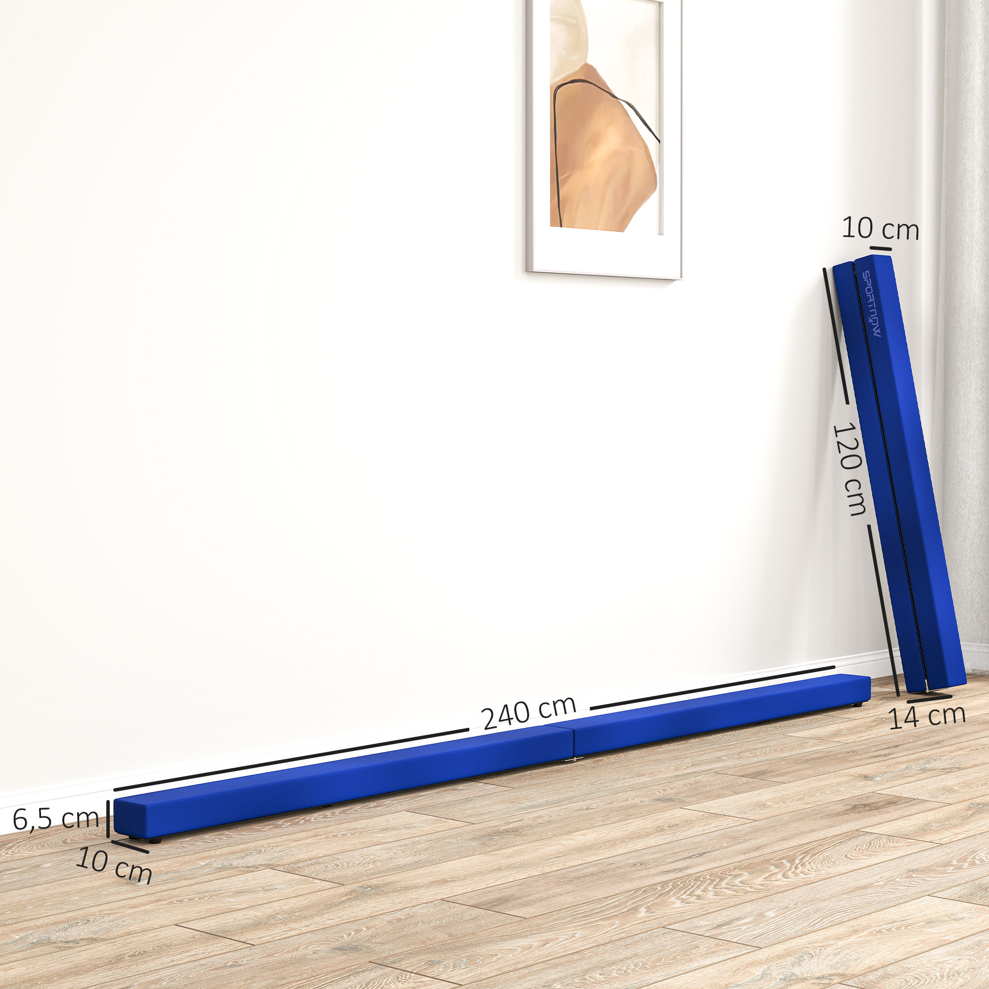 Poutre gymnastique pliable 240 cm - poutre d'équilibre antidérapante - bois de pin revêtement flanelle bleu