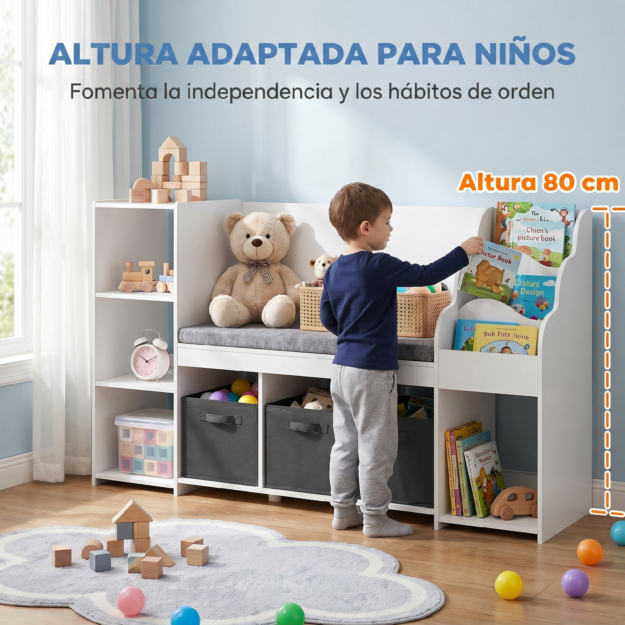 Estantería Infantil Juguetes con Rincón de Lectura, Organizador de Juguetes con Cojín, 3 Cajones de Tela, 3 Estantes, 4 Cubículos, 3-8 Años, Dormitorio, Guardería, 137x40x80 cm, Blanco y Gris