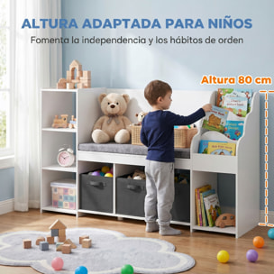 Estantería Infantil Juguetes con Rincón de Lectura, Organizador de Juguetes con Cojín, 3 Cajones de Tela, 3 Estantes, 4 Cubículos, 3-8 Años, Dormitorio, Guardería, 137x40x80 cm, Blanco y Gris