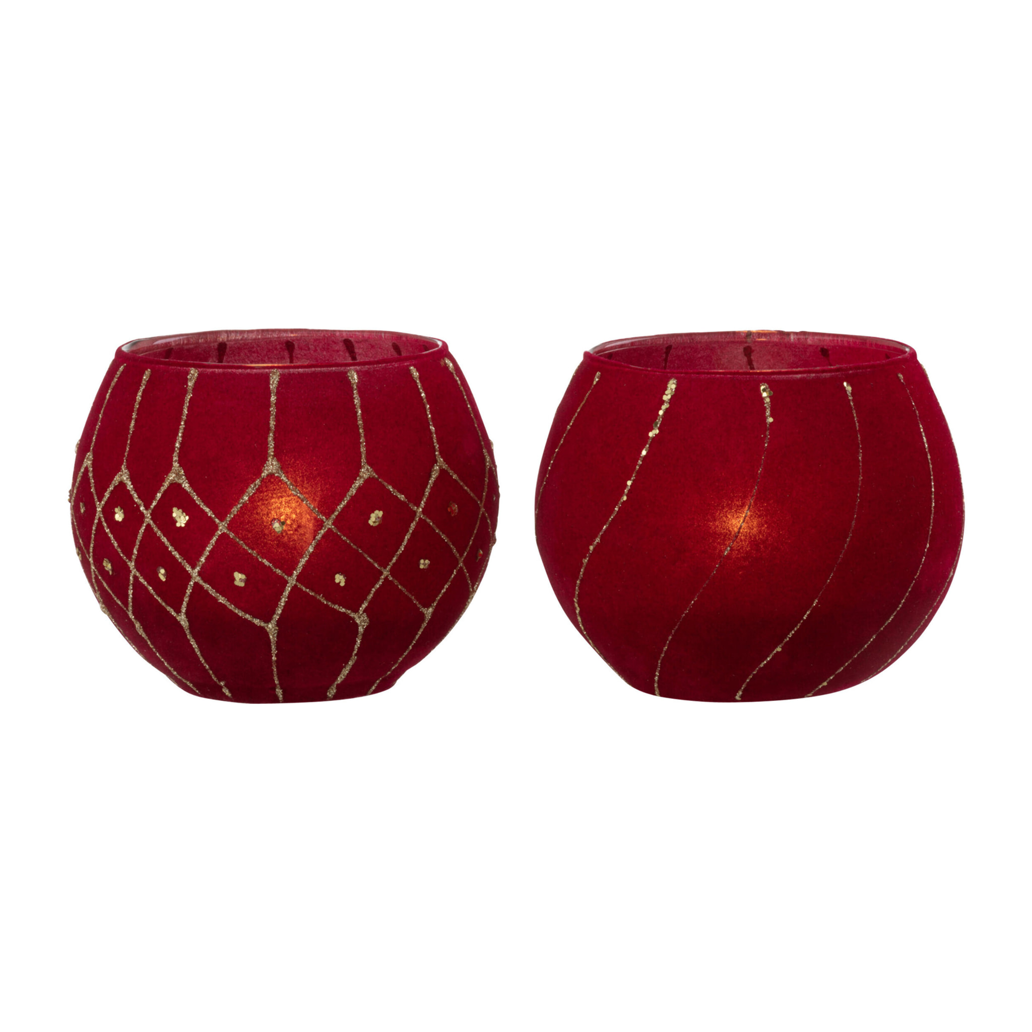 J-Line photophore Lignes/Carreaux - velours - rouge/or - 2 pcs