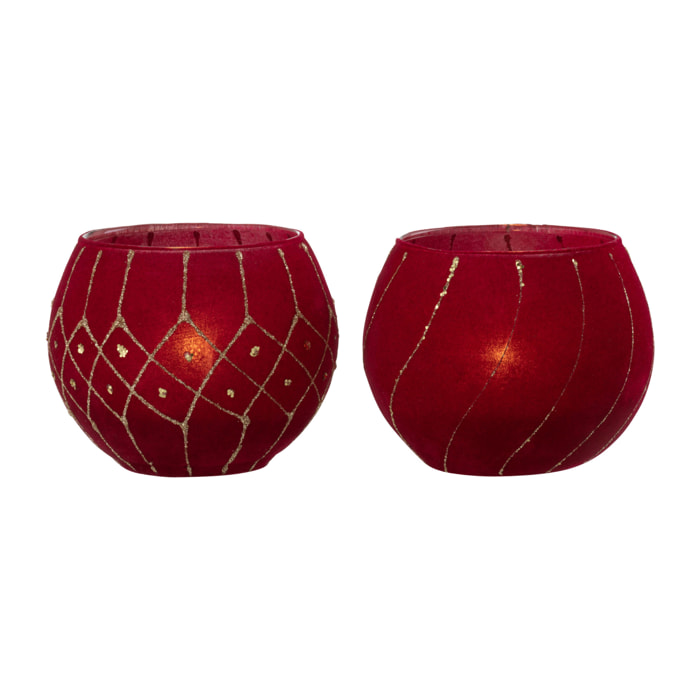 J-Line photophore Lignes/Carreaux - velours - rouge/or - 2 pcs