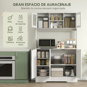 Alacena de Cocina, Mueble Auxiliar de Cocina con 2 Puertas de Vidrio, Encimera Amplia para Microondas, Compartimentos Abiertos, Estantes Ajustables, 108x35x180 cm, Blanco