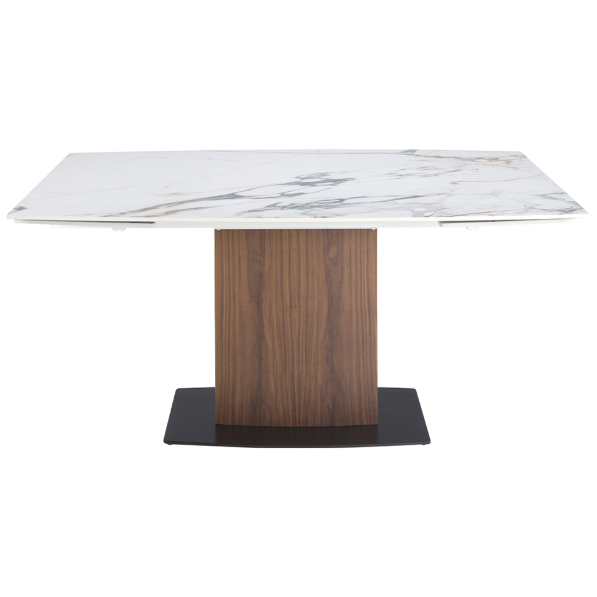 Mesa comedor extensible ovalada barril con tapa de mármol porcelánico blanco con vetas en tonalidades grises y marrones en acabado brillo 160x100x76cm