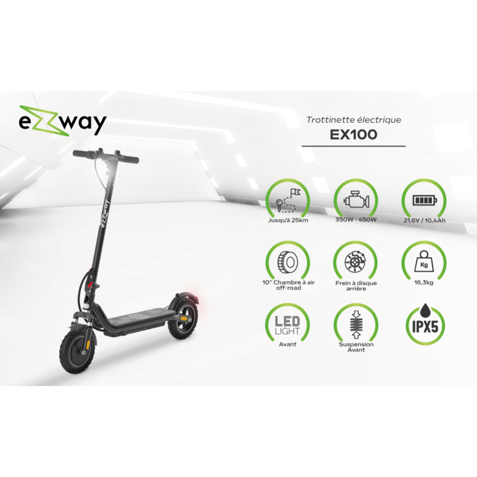Trottinette électrique EZWAY EX100 - 25 km/h, 25 km d'autonomie, batterie 21,6V 10,4Ah, frein à disque, pneus tout-terr