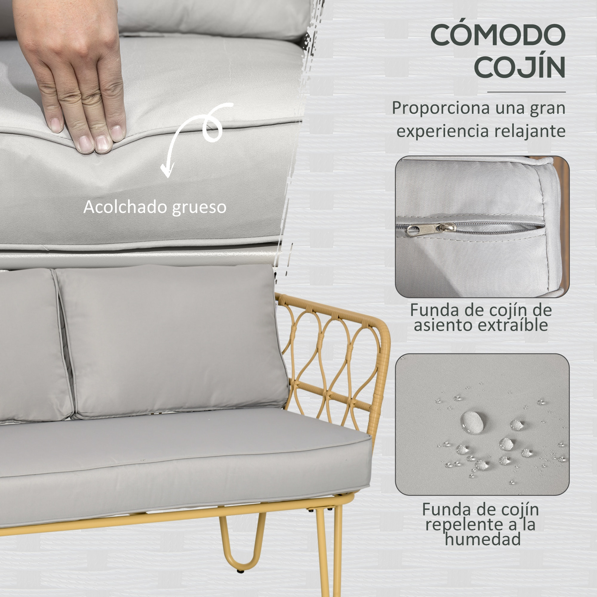 Conjunto de Jardín de Ratán Sintético Juego de 4 Piezas Muebles de Jardín con Sofá de 2 Plazas 2 Sillones y Mesa de Centro con Encimera de Cristal y Cojines Extraíbles Natural y Gris