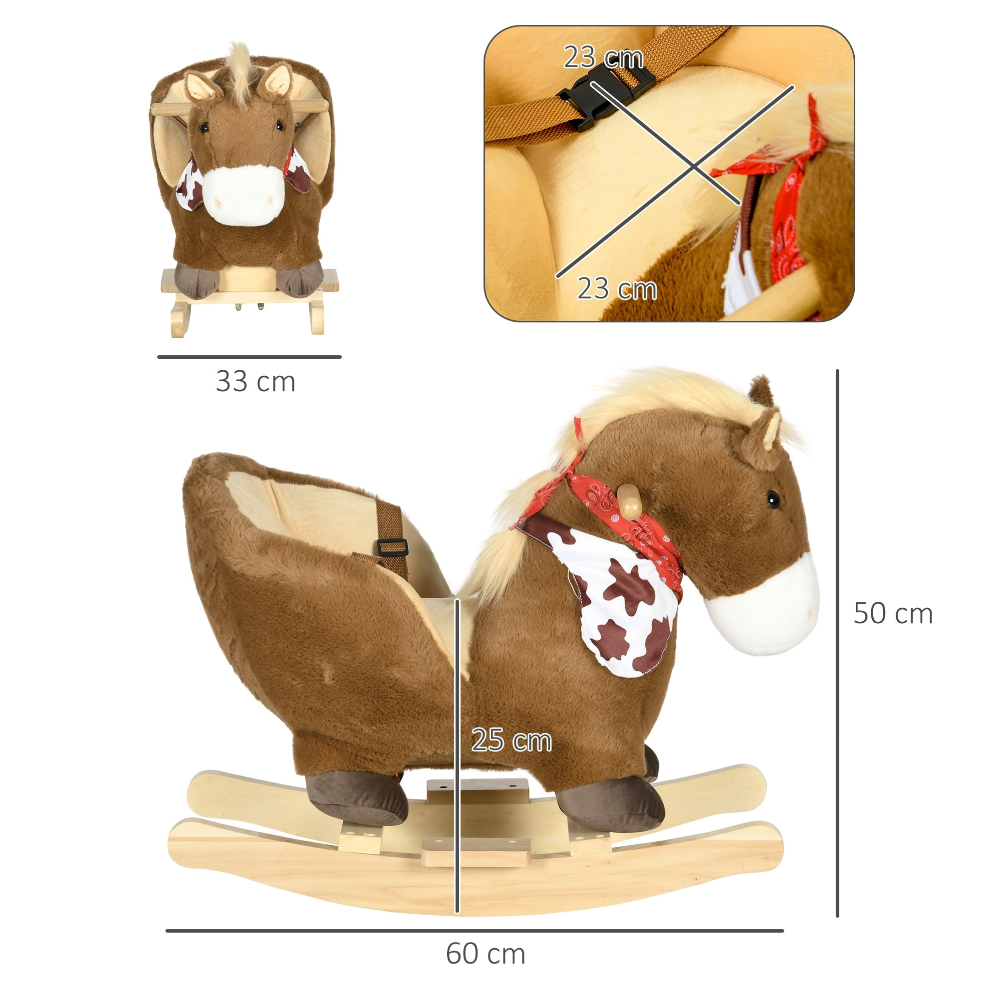 Cheval à bascule cowboy siège grand confort intégré avec ceinture bandanas effet sonore bois peluche marron