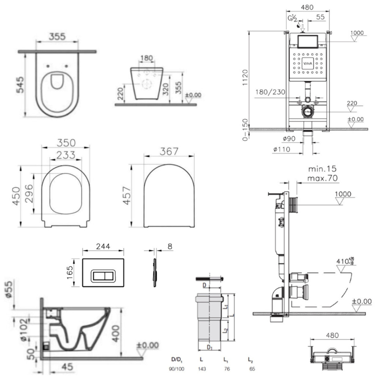 Pack WC Bâti-support V-Fix Core + WC sans bride Integra, fixations invisibles + Plaque, Blanc Brillant (V-FixIntegraRimless-1)
