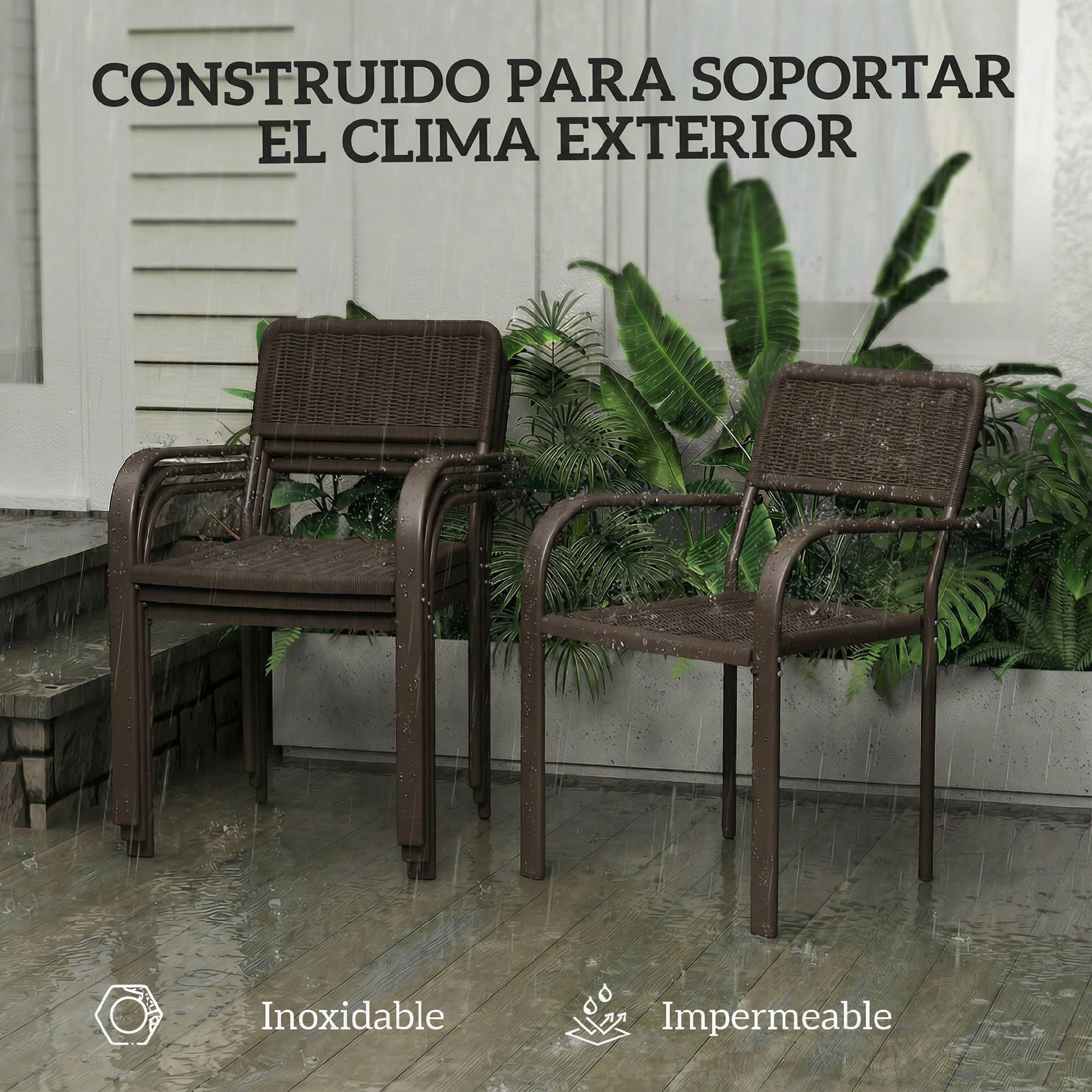 Juego de 4 Sillas de Jardín Exterior Apilables, Sillas de Comedor Exterior Efecto Ratán, con Reposabrazos, Marco de Acero, Resistente a la Intemperie y Ligero, 55x60x83 cm, Marrón Oscuro