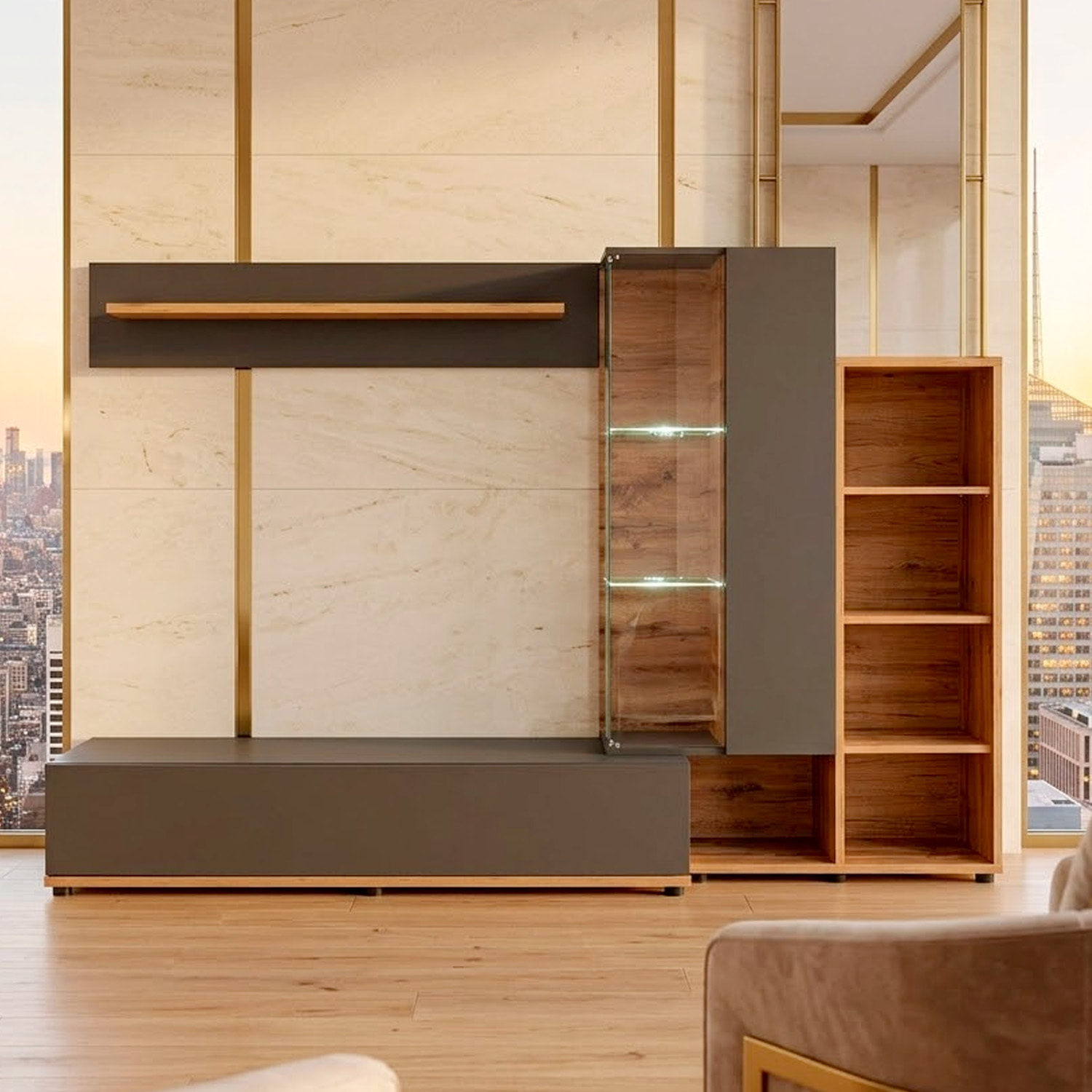 Parete Attrezzata Mobile TV Vetrina LED Living Mensola Vani Giorno Multifunzione Design Contemporaneo Arredo Casa 240 x 40 x 145 Cm Antracite Rovere