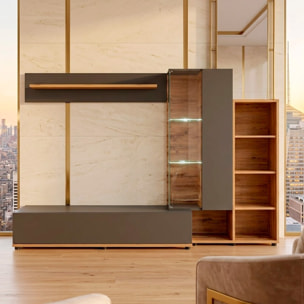 Parete Attrezzata Mobile TV Vetrina LED Living Mensola Vani Giorno Multifunzione Design Contemporaneo Arredo Casa 240 x 40 x 145 Cm Antracite Rovere