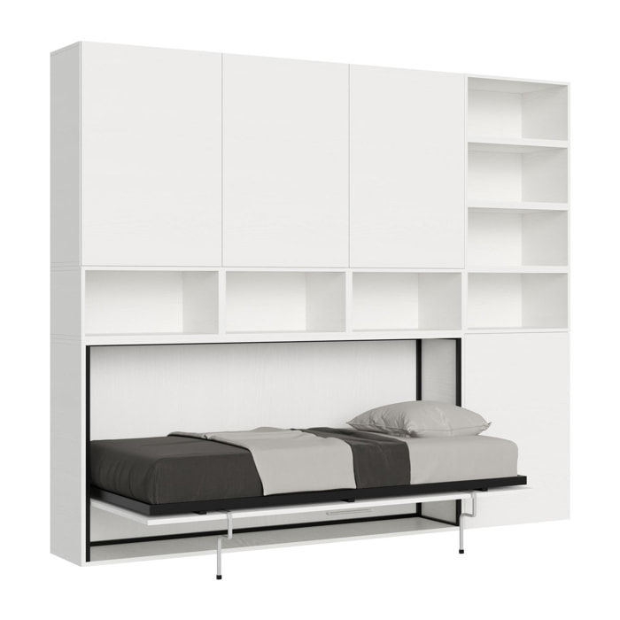 Armoire lit escamotable horizontal 1 couchage 85 Kando avec matelas composition E Frêne Blanc