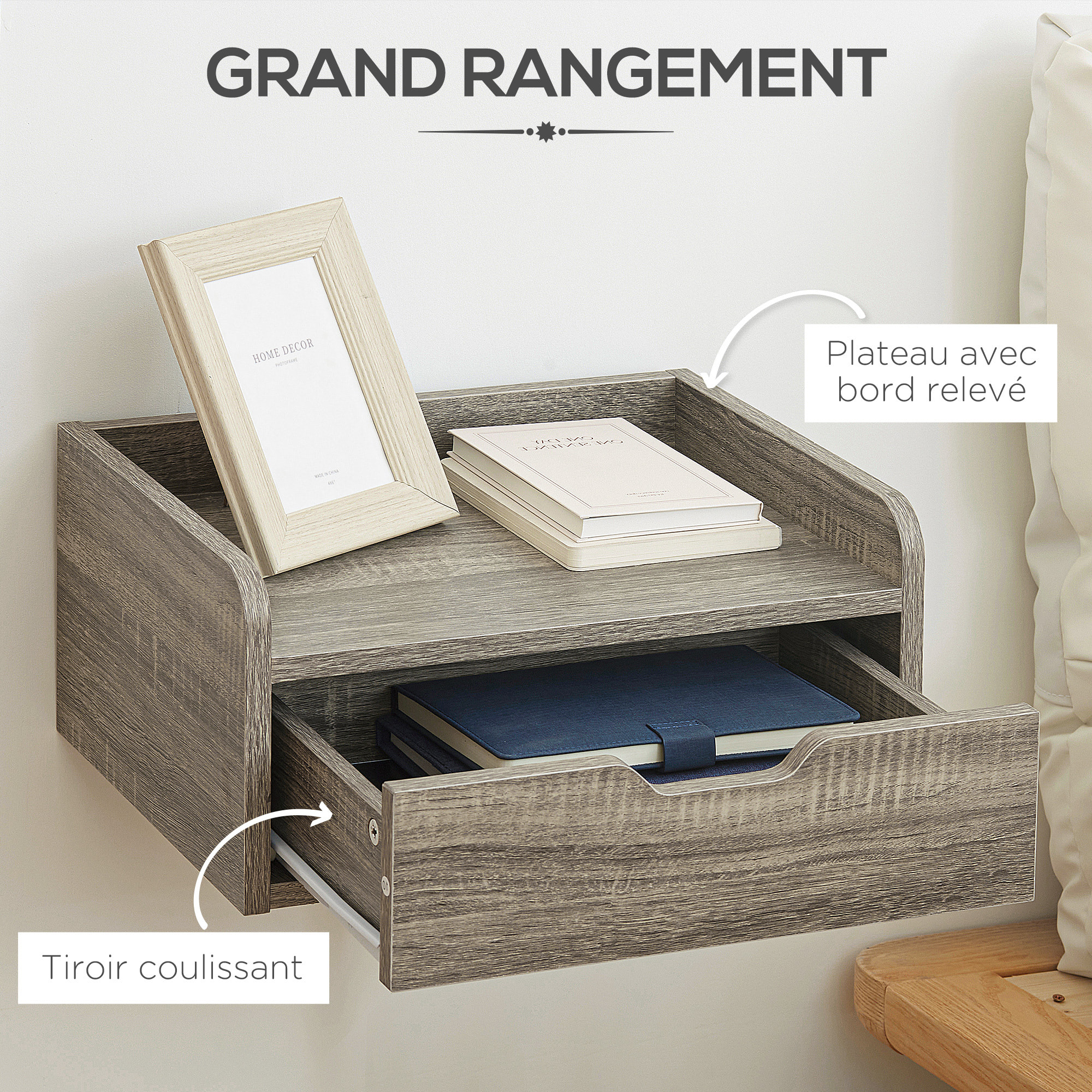 Lot de 2 chevets tables de nuit murales - tiroir coulissant, plateau - dim. 40L x 30l x 19H cm - panneaux aspect bois gris