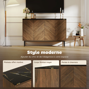 Meuble TV 120 cm, pour téléviseur jusqu'à 55 pouces avec 4 portes, plateau effet marbre, étagères réglables et pieds en acier